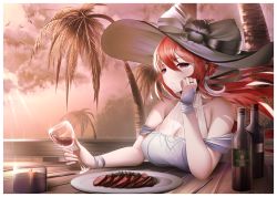 Rule 34 | 1girl, azur lane, breasts, cocktail dress, cup, dress, drinking glass, evening, gdat, hat, holding, holding cup, large breasts, long hair, looking at viewer, monarch (azur lane), monarch (white warrick) (azur lane), palm tree, purple eyes, red hair, see-through, solo, summer, sun hat, thighlet, tree, white hat, wine glass
