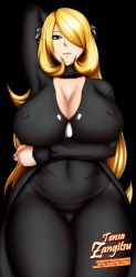 Rule 34 | 1girl, arm up, blonde hair, blush, breast hold, breasts, covered erect nipples, covered navel, creatures (company), cynthia (pokemon), game freak, hair over one eye, highres, hip focus, huge breasts, long hair, looking at viewer, nintendo, pokemon, pokemon dppt, solo, tensa-zangitsu, thick thighs, thighs, very long hair, wide hips