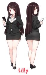 Rule 34 | 1girl, absurdres, artist name, black footwear, black jacket, black skirt, brown hair, business suit, cellphone, character name, character sheet, comodomodo, formal, full body, hair ornament, hairclip, hand on own hip, highres, jacket, jewelry, legs, lilly (comodomodo), long hair, multiple views, necklace, office lady, original, phone, red eyes, shirt, shoes, skirt, skirt suit, smartphone, suit, thighs, turnaround, white shirt