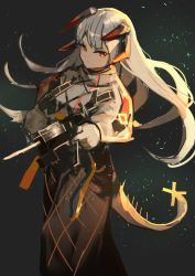 Rule 34 | 1girl, arknights, bannouyakunta, black background, black skirt, commentary request, dragon horns, dragon tail, feet out of frame, glaring, highres, holding, holding weapon, horns, light particles, long hair, long sleeves, looking at viewer, orange eyes, saria (arknights), shirt, silver hair, skirt, solo, syringe gun, tail, weapon, white shirt