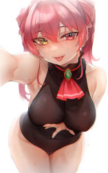 Rule 34 | 1girl, bababababan, bare shoulders, black leotard, breasts, closed mouth, cowboy shot, hair between eyes, heterochromia, highres, hololive, houshou marine, large breasts, leaning forward, leotard, long hair, looking at viewer, reaching, reaching towards viewer, red eyes, red hair, solo, tongue, tongue out, virtual youtuber, yellow eyes