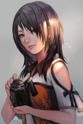 Rule 34 | 1girl, black hair, breasts, brown eyes, camera, closed mouth, fatal frame, fatal frame 5, hungry clicker, kozukata yuuri, long hair, looking at viewer, simple background, solo, tecmo