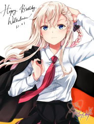 Rule 34 | 1girl, arm up, artist name, blonde hair, blue eyes, braid, breasts, character name, cowboy shot, dated, dress shirt, english text, german flag, gleision adain, hair ribbon, tucking hair, happy birthday, high school fleet, holding, holding clothes, holding jacket, jacket, long hair, long sleeves, looking at viewer, medium breasts, necktie, red necktie, ribbon, shirt, signature, skirt, solo, white background, white shirt, wilhelmina braunschweig ingenohl friedeburg, wing collar
