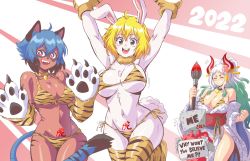 Rule 34 | 1other, 2022, 3girls, ^ ^, ahoge, alternate costume, animal ears, animal hands, animal nose, animal print, arms up, artist self-insert, bare shoulders, behind another, bikini, bikini under clothes, black eyes, black hair, blonde hair, blue eyes, blue hair, body fur, body writing, boots, bouncing breasts, brand new animal, breasts, buck teeth, carrot (one piece), chinese zodiac, choker, claws, cleavage, closed eyes, commentary, covered erect nipples, crossover, curled horns, detached collar, detached sleeves, english text, female focus, flower, flying sweatdrops, fur collar, furry, furry female, gloves, green hair, grin, groin, hair between eyes, hair flower, hair ornament, hair stick, hands up, height difference, high ponytail, highres, holding, holding sign, horns, huge breasts, japanese clothes, kagemori michiru, kimono, large breasts, lewdamone, long hair, long sleeves, looking at viewer, lowleg, lowleg bikini, medium hair, micro bikini, multicolored eyes, multicolored hair, multicolored horns, multiple girls, navel, nervous sweating, o-ring, o-ring bikini, o-ring top, obi, one piece, open mouth, orange horns, paw gloves, pink eyes, print bikini, rabbit ears, rabbit girl, rabbit tail, raccoon ears, raccoon girl, red fur, red horns, sash, shiny skin, shirt, short sleeves, side-by-side, side-tie bikini bottom, side-tie bottom, side slit, sign, smile, standing, stomach, strapless, sweat, swimsuit, symbol-only commentary, tail, tall female, teeth, thigh boots, thighhighs, tiger print, tiger print bikini, trait connection, two-tone hair, unaligned breasts, underboob, v-shaped eyebrows, very long hair, white fur, white hair, wide sleeves, yamato (one piece), year of the tiger
