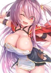 Rule 34 | absurdres, azur lane, breasts, cleavage, commission, crown, dress, fingerless gloves, gloves, grenville (azur lane), hand on own hip, highres, large breasts, long hair, mini crown, one eye closed, pink hair, pixiv commission, red eyes, side ponytail, simple background, very long hair, zusshii (libertasgenesis)