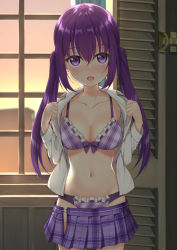 Rule 34 | 1girl, :o, absurdres, blush, bra, breasts, cleavage, clothes pull, collarbone, commentary, cowboy shot, dusk, evening, frilled bra, frilled panties, frills, gochuumon wa usagi desu ka?, gradient sky, hair between eyes, highres, indoors, long hair, long sleeves, medium breasts, mottsun (i 40y), navel, open clothes, open fly, open mouth, open shirt, open skirt, panties, plaid, plaid bra, plaid panties, plaid skirt, print bra, print panties, print skirt, purple bra, purple eyes, purple hair, purple panties, shirt, sidelocks, skirt, skirt pull, sky, solo, tedeza rize, twintails, underwear, undressing, unzipped, white shirt, window