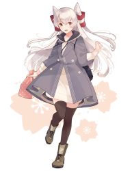 Rule 34 | 1girl, amatsukaze (kancolle), black thighhighs, boots, brown eyes, coat, dress, floral print, full body, grey coat, hair tubes, hood, hooded coat, hoodie, kantai collection, long hair, looking at viewer, official alternate costume, shakemi (sake mgmgmg), silver hair, solo, thighhighs, two side up, white background, white dress