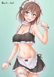 Rule 34 | 1girl, alternate costume, anti (untea9), aqua background, aqua eyes, bikini, blush, breasts, brown hair, cleavage, commentary request, cowboy shot, enmaided, frilled bikini, frills, hair between eyes, hair ornament, highres, jewelry, kantai collection, large breasts, maid, maid bikini, maid headdress, maya (kancolle), one-hour drawing challenge, open mouth, ring, scrunchie, short hair, simple background, solo, swimsuit, thigh strap, unconventional maid, wedding ring, wrist scrunchie, x hair ornament