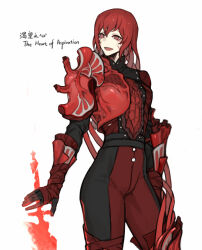 Rule 34 | 1girl, black gloves, black pants, cowboy shot, e.g.o (project moon), gloves, heart (organ), heart of aspiration, lobotomy corporation, long sleeves, looking at viewer, nishikujic, pants, parted lips, personification, project moon, red eyes, red gloves, red hair, red pants, red shirt, shirt, simple background, smile, solo, two-tone gloves, veins, white background