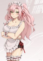 Rule 34 | 1girl, apron, bare arms, bare shoulders, black shorts, breasts, bridal garter, cleavage, cowboy shot, fishnet thighhighs, fishnets, frilled hairband, frills, green eyes, hair ribbon, hairband, highres, linreplica, long hair, looking at viewer, medium breasts, nicole demara, pink hair, red ribbon, ribbon, short shorts, shorts, smile, solo, standing, thighhighs, thighs, two side up, very long hair, white apron, wrist cuffs, zenless zone zero
