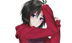 Rule 34 | 1girl, antenna hair, bad id, bad pixiv id, black hair, blue eyes, closed mouth, hachiware, hair between eyes, hood, hood down, hooded sweater, idolmaster, idolmaster (classic), kikuchi makoto, looking at viewer, portrait, red sweater, short hair, simple background, solo, sweater, white background