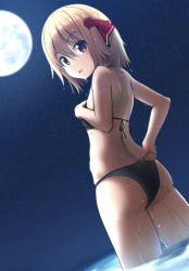 Rule 34 | 1girl, :o, adjusting clothes, adjusting swimsuit, ass, bare arms, bare back, bare shoulders, bikini, black bikini, blonde hair, blush, dutch angle, flat chest, from behind, full moon, hair between eyes, hair ribbon, hand on own chest, hard (hardmaker), highres, looking at viewer, looking back, moon, moonlight, ocean, open mouth, outdoors, red eyes, red ribbon, ribbon, rumia, short hair, solo, swimsuit, tareme, thighs, touhou, water