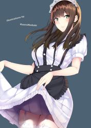 Rule 34 | 1girl, artist name, blush, breasts, brown hair, clothes lift, commentary request, cowboy shot, earrings, green eyes, grey background, highres, jewelry, kaerunoashi, large breasts, looking at viewer, maid, maid headdress, medium hair, original, simple background, skirt, skirt lift, thighhighs, watermark