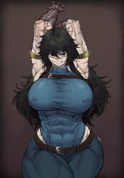 1girl abs bandaged_hand belt belt_buckle black_eyes black_hair breasts buckle huge_breasts large_breasts limn044 long_hair looking_at_viewer messy_hair muscular muscular_female muscular_legs ramia-yana ramia_(ramia-yana) scar scar_on_arm scar_on_face scars_all_over seductive_gaze seductive_smile smile teeth too_many