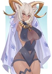 Rule 34 | 1girl, absurdres, animal ears, ankh necklace, arknights, arms up, black one-piece swimsuit, breasts, carnelian (arknights), carnelian (shimmering dew) (arknights), covered navel, dark-skinned female, dark skin, grey hair, highres, horns, large breasts, one-piece swimsuit, red eyes, shino duka, smile, swimsuit