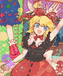 Rule 34 | 1girl, arm up, back bow, black eyes, black shirt, blonde hair, blue background, blue eyes, blue skirt, blush, bone, bow, bowtie, collared shirt, cross, fairy wings, flower, flying, green background, hair between eyes, hair bow, hand up, highres, itomugi-kun, jar, leaf, looking at viewer, looking to the side, medicine melancholy, multicolored background, open mouth, pill, pink footwear, plaid, plaid background, polka dot, polka dot background, puffy short sleeves, puffy sleeves, purple background, red bow, red bowtie, red skirt, shirt, shoes, short hair, short sleeves, skirt, skull, smile, socks, solo, standing, su-san, touhou, white bow, white flower, white socks, wings