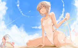 Rule 34 | 2girls, animal, blue sky, bottle, breasts, cloud, crab, day, genek, grey hair, highres, holding, holding bottle, multiple girls, one-piece swimsuit, open mouth, original, outdoors, palm tree, sitting, sky, small breasts, swimsuit, tree, white one-piece swimsuit, yellow eyes