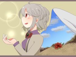 Rule 34 | 1girl, :d, ahoge, blue sky, blush, bow, bowtie, brooch, brown jacket, buna shimeji (keymush), collared shirt, double exposure, flower, from side, gem, green gemstone, grey hair, half updo, jacket, jewelry, kishin sagume, long sleeves, open clothes, open jacket, open mouth, profile, red bow, red bowtie, red eyes, sand, shirt, short hair, sideways mouth, single wing, sky, smile, solo, touhou, upper body, white wings, wings
