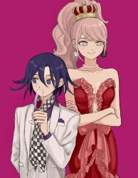 Rule 34 | 1boy, 1girl, bead necklace, beads, blonde hair, bow, breasts, checkered clothes, checkered neckwear, collarbone, crown, danganronpa: trigger happy havoc, danganronpa (series), danganronpa 10th anniversary costume, danganronpa v3: killing harmony, dress, earrings, enoshima junko, frilled dress, frills, grey jacket, hair between eyes, jacket, jewelry, long hair, long sleeves, looking at viewer, necklace, official alternate costume, oma kokichi, pink background, ponytail, purple shirt, red bow, red dress, renshu usodayo, shirt, simple background, sleeveless, sleeveless dress, smile, strapless, strapless dress, vest, white jacket, white vest