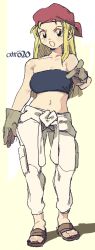 Rule 34 | 1girl, absurdres, bandeau, bare shoulders, black bandeau, blonde hair, brown footwear, full body, fullmetal alchemist, gloves, green gloves, highres, long hair, midriff, navel, open mouth, pants, sandals, signature, solo, standing, white pants, whoopsatro, winry rockbell