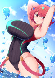 Rule 34 | 1girl, armpits, arms behind head, arms up, bad anatomy, beach, blush, breasts, cloud, competition swimsuit, gem, hair ornament, headpiece, highres, huge breasts, jewelry, large breasts, nintendo, one-piece swimsuit, ponponmaru, pyra (pro swimmer) (xenoblade), pyra (xenoblade), red eyes, red hair, short hair, sky, smile, solo, splashing, standing, swimsuit, thighs, tiara, water, wet, xenoblade chronicles (series), xenoblade chronicles 2
