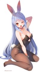 Rule 34 | 1girl, animal ears, arm behind head, bad id, bad twitter id, bare shoulders, blue hair, breasts, brown pantyhose, cleavage, female focus, full body, hololive, hololive fantasy, leotard, long hair, looking at viewer, marota, medium breasts, one eye closed, open mouth, pantyhose, playboy bunny, rabbit ears, rabbit girl, rabbit tail, red eyes, simple background, solo, tail, transparent background, twitter username, usada pekora, usada pekora (1st costume), very long hair, virtual youtuber, whi, white background