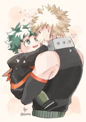 Rule 34 | 2boys, 42o7i5iii, aged down, bakugou katsuki, bare shoulders, black hoodie, blonde hair, boku no hero academia, carrying, child, closed mouth, cropped torso, freckles, green eyes, green hair, hand on another&#039;s face, highres, hood, hood down, hoodie, long sleeves, looking at another, male focus, midoriya izuku, multiple boys, open mouth, protected link, red eyes, short hair, simple background, smile, spiked hair, twitter username, upper body
