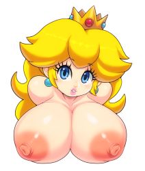 Rule 34 | 1girl, blonde hair, blue eyes, breasts, crown, earrings, eyelashes, highres, huge breasts, jewelry, large areolae, looking at viewer, mario (series), mato spectoru, nintendo, nipples, parted lips, princess peach, solo, super mario bros. 1, upper body, white background