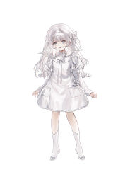 Rule 34 | 1girl, blunt bangs, bow, bow hairband, dress, floating hair, footwear bow, full body, grey eyes, hair bow, hairband, high heels, highres, long hair, long sleeves, looking at viewer, open mouth, original, pumps, short dress, silver hair, simple background, sleeves past wrists, solo, standing, twitter username, very long hair, white background, white bow, white dress, white footwear, white hairband, white legwear, yunikon