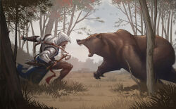 Rule 34 | 1boy, artist name, assassin&#039;s creed (series), assassin&#039;s creed iii, bear, black gloves, connor kenway, fingerless gloves, gloves, grass, highres, holding, holding weapon, hood, hooded jacket, initial, jacket, open mouth, outdoors, pants, patrick brown, teeth, tomahawk, tree, weapon, white hood, white jacket