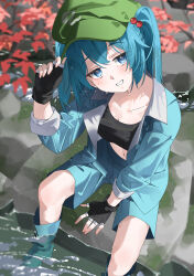 Rule 34 | 1girl, absurdres, black gloves, blue eyes, blue footwear, blue hair, blue jacket, branch, fingerless gloves, flat cap, full body, gloves, green hat, hair bobbles, hair ornament, hat, highres, jacket, kawashiro nitori, long sleeves, looking at viewer, navel, ohiru 0324, outdoors, sitting, solo, touhou, two side up, wading
