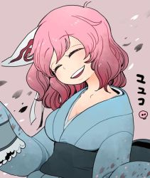 Rule 34 | 1girl, ^ ^, blue kimono, breasts, cherry blossoms, cleavage, commentary, closed eyes, floral print, head tilt, japanese clothes, kimono, long sleeves, mashuu masaki, medium breasts, open mouth, round teeth, saigyouji yuyuko, short hair, skull, sleeves past wrists, smile, solo, teeth, touhou, triangular headpiece, upper body