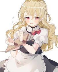 Rule 34 | 100th black market, 1girl, alternate eye color, apron, black dress, blonde hair, blush, bow, breasts, buttons, collar, commentary request, crying, dress, eyes visible through hair, frills, grey apron, grey shirt, hair between eyes, hands up, highres, kirisame marisa, long hair, looking away, medium breasts, multicolored buttons, no headwear, open mouth, puffy short sleeves, puffy sleeves, red bow, red eyes, restrained, shirt, short sleeves, simple background, solo, sorani (kaeru0768), standing, tears, touhou, white background