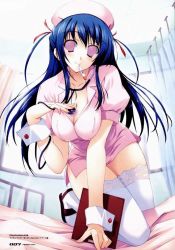 Rule 34 | 1girl, @ @, bed, blue hair, hair ribbon, mind control, nurse, on bed, pink eyes, ribbon, sandals, solo, stethoscope, thermometer, thighhighs, third-party edit, tomose shunsaku, uniform, wrist cuffs