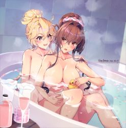 Rule 34 | bathroom, bathtub, blonde hair, blue background, blue eyes, breasts, brown hair, cherry blossoms, completely nude, convenient censoring, cup, drinking glass, highres, himeyamato, iowa (kancolle), kantai collection, large breasts, long hair, nude, partially submerged, red eyes, rubber duck, star-shaped pupils, star (symbol), steam, symbol-shaped pupils, table, tile wall, tiles, yamato (kancolle)