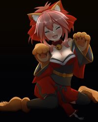 Rule 34 | 1girl, absurdres, animal ears, animal hands, bell, black background, breasts, cleavage, closed eyes, collar, collarbone, fang, fate/grand order, fate (series), fox ears, fox tail, hair ribbon, highres, japanese clothes, large breasts, long hair, looking at viewer, neck bell, open mouth, paw pose, pink hair, ribbon, silver light, simple background, sitting, solo, tail, tamamo (fate), tamamo cat (fate), tamamo cat (first ascension) (fate), tamamo no mae (fate/extra)