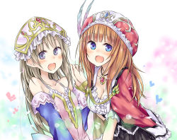 Rule 34 | 2girls, alt (ctrldel), atelier (series), atelier rorona, atelier totori, blue eyes, blush, bracelet, breasts, brown hair, cape, cleavage, detached sleeves, dress, female focus, holding hands, hat, jewelry, long hair, medium breasts, multiple girls, necklace, open mouth, purple eyes, rororina fryxell, small breasts, smile, totooria helmold, yuri