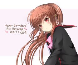 Rule 34 | 1girl, 2016, brown hair, dated, hair ornament, happy birthday, little busters!, long hair, natsume rin, ponytail, red eyes, school uniform, smile, solo, zaki (negitorooic)