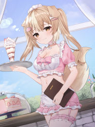 Rule 34 | 1girl, animal ears, apron, bow, breasts, brown eyes, brown hair, choker, cleavage, crop top, dog ears, dog girl, dog tail, frilled shirt, frills, garter straps, hair ornament, hairclip, highres, holding, long hair, looking at viewer, maid, maid apron, maid headdress, medium breasts, midriff, miniskirt, multicolored hair, nannung, navel, original, parfait, pink bow, pink choker, pink shirt, pink skirt, revealing clothes, shirt, short sleeves, skirt, smile, solo, stomach, tail, thighhighs, tray, twintails, two-tone hair, virtual youtuber, waist apron, white thighhighs, zettai ryouiki