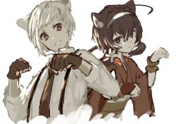 Rule 34 | 1boy, 1girl, absurdres, black eyes, black gloves, black necktie, bungou stray dogs, cat boy, cat girl, closed mouth, collared shirt, fingerless gloves, flower, gloves, hair flower, hair ornament, hairband, hands up, highres, izumi kyouka (bungou stray dogs), japanese clothes, jellyfish sz, kimono, long sleeves, looking at viewer, low twintails, nakajima atsushi (bungou stray dogs), necktie, open mouth, red kimono, shirt, short hair, simple background, smile, twintails, upper body, white background, white hair, white hairband, white shirt, wide sleeves