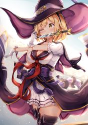 Rule 34 | 1girl, black footwear, black hat, black sailor collar, black thighhighs, blonde hair, blue sky, blush, boots, breasts, brown eyes, cleavage, closed mouth, collarbone, commentary request, dagger, day, djeeta (granblue fantasy), gloves, granblue fantasy, hat, knife, medium breasts, mouth hold, neckerchief, one eye closed, outdoors, pleated skirt, red neckerchief, sailor collar, school uniform, serafuku, shiero., shirt, skirt, sky, solo, thigh boots, thighhighs, weapon, white gloves, white shirt, white skirt, witch hat