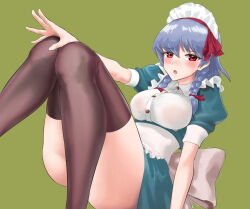 Rule 34 | 1girl, aqua dress, arm support, back bow, bad id, bad pixiv id, blush, bow, braid, breasts, buttons, convenient leg, dress, frills, grey hair, gunnjou yosio, hair bow, hand on own knee, izayoi sakuya, large breasts, maid headdress, open mouth, red bow, red eyes, short sleeves, simple background, sitting, solo, thighhighs, touhou, twin braids, wide hips