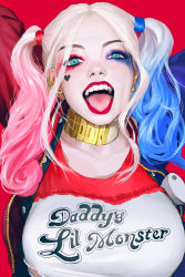 Rule 34 | 1girl, absurdres, bad id, bad pixiv id, batman (series), blonde hair, blue eyes, blue hair, breasts, choker, clothes writing, dc comics, dccu, harley quinn, heart, highres, holster, jester, large breasts, lipstick, long hair, looking at viewer, makeup, margot robbie, matching hair/eyes, open mouth, pink hair, rukiana, shoulder holster, smile, solo, suicide squad, tongue, tongue out, twintails