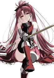 Rule 34 | 1girl, bare shoulders, hand on own chin, highres, long hair, magical girl, mahou shoujo madoka magica, misteor, polearm, ponytail, red hair, sakura kyoko, solo, spear, weapon, white background