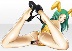 Rule 34 | 1girl, acht (jelly fish), animal ears, ass, border, censored, fake animal ears, fang, from behind, green hair, high heels, long hair, looking back, object insertion, open mouth, playboy bunny, pussy, rabbit ears, simple background, solo, suzumiya haruhi no yuuutsu, tsuruya, yellow eyes