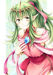Rule 34 | 1girl, absurdres, bare shoulders, dragonstone, dress, fire emblem, fire emblem: mystery of the emblem, fire emblem awakening, fire emblem heroes, green background, green eyes, green hair, hair ornament, highres, jewelry, long hair, looking at viewer, necklace, nintendo, official alternate costume, pink dress, pointy ears, ponytail, shirokuroma 29, short dress, simple background, sleeveless, sleeveless dress, smile, solo, stone, tiara, tiki (adult) (fire emblem), tiki (fire emblem), twitter username, upper body