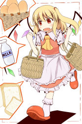 Rule 34 | 1girl, apron, ascot, basket, blonde hair, blush, bottle, bread, chiyono, fang, female focus, flandre scarlet, food, highres, milk, no headwear, no headwear, open mouth, red eyes, short sleeves, side ponytail, solo, touhou, wings