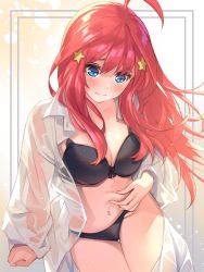 Rule 34 | 1girl, absurdres, ahoge, bad id, bad pixiv id, belly, belly grab, bikini, black bikini, blue eyes, blush, bra, breasts, cleavage, collared jacket, cowboy shot, go-toubun no hanayome, gradient background, hair ornament, highres, jacket, large breasts, long hair, nakano itsuki, navel, open clothes, panties, plump, red hair, see-through, see-through jacket, simple background, skindentation, solo, swimsuit, tagme, thigh gap, thighs, to gemichi, underwear, weight conscious, wet, wet clothes