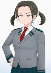 Rule 34 | 1girl, arm at side, boku no hero academia, brown eyes, brown hair, grey jacket, hand on own hip, jacket, light frown, necktie, oliver11020, red necktie, school uniform, short hair, short twintails, simple background, skirt, solo, togeike chikuchi, twintails, u.a. school uniform, uniform, white background