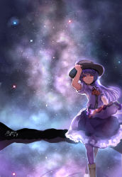 Rule 34 | 1girl, absurdres, ascot, hand on headwear, hat, highres, hinanawi tenshi, lake, landscape, long hair, milky way, myero, night, puffy sleeves, red eyes, reflection, shirt, short sleeves, signature, skirt, sky, solo, star (sky), starry sky, touhou